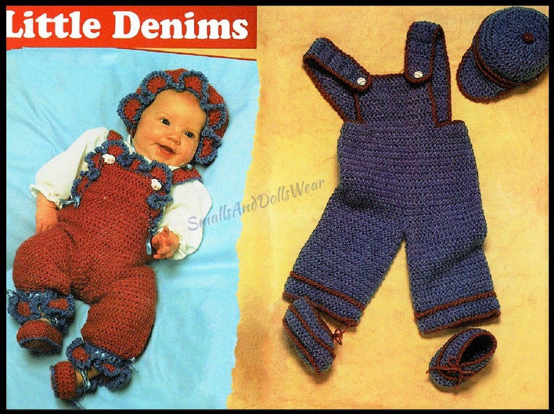 Vintage Crochet Pattern Baby Girls Fancy Ruffled Boys Classic Denim Overalls Bonnet Booties Sets Instant Digital Download 0 12m 10 Ply - 