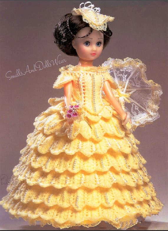Vintage Knitting Pattern Knit Ruffled Tiered Victorian Fancy Period Dress Outfit for 15 Inch Dolls Instant Digital Download DK 8 Ply