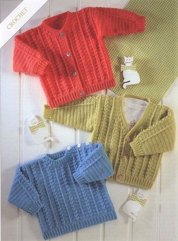 Vintage Crochet Pattern Baby Cardigan and Pullover V Neck Sweaters PD…