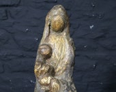 Antique 18th Century Folk Art Wooden Carving of Mary Child Rare and Unique Religious Icon Wooden Sculpture Figure