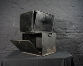Pair of Antique Metal Deed Boxes with drop fronts Vintage Industrial Storage Man Cave Workshop Garage Shed