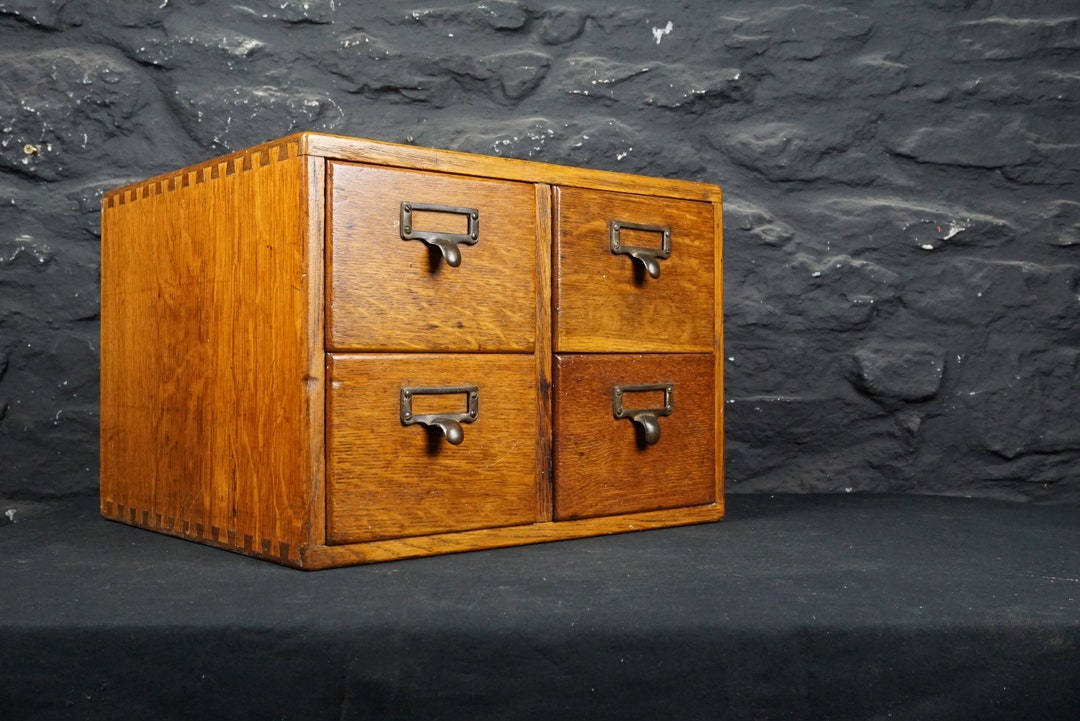 Antique Oak Index Card 4 Drawers With Brass Handles Etsy