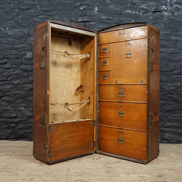 Antique Wardrobe Travel Trunk / Steamer Chest ~ Leather & Bronze ~ With Keys ** Please Read Full Description Regarding Delivery Costs **