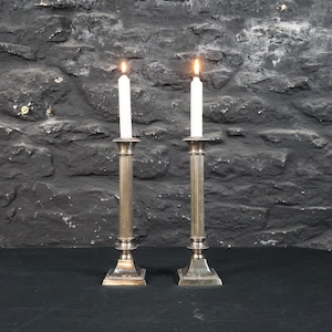 Pair of Antique Silver Plate Corinthium Column Candlesticks ~ Mantlepiece Decor