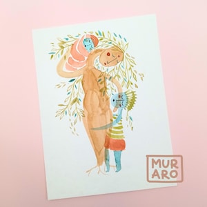 Illustrazione originale ad acquerello di mamma e bambini / Regalo di maternità delicato e unico / Disegno botanico stravagante / Decorazione da parete per la cameretta dei bambini