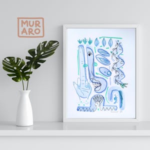Dipinto originale A4 su carta con tecnica mista / Decorazione murale blu / Opera d'arte unica nel suo genere / Illustrazione moderna / Stile Art Brut Punk