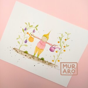 Originale fait main Veggie Garden | Aquarelle enfant fée des forêts | Tableau Conte de Waldorf apaisant | Cadeau de chambre pour nouveau-né sans sexe