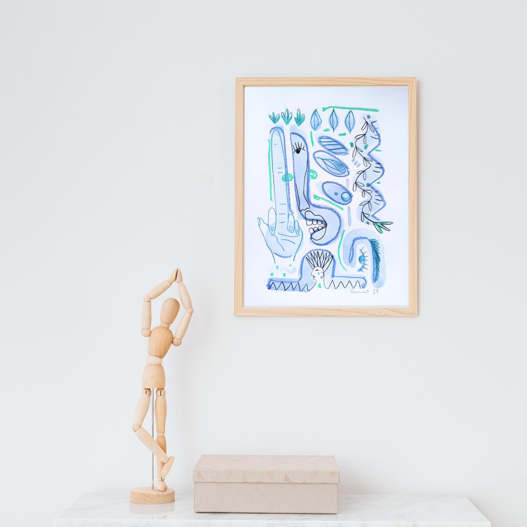 オリジナルアール・ブリュット絵画：ブルーモダンイラスト、A4サイズ