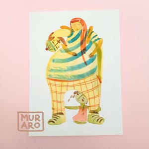 Illustrazione originale ad acquerello di papà e bambini / Regalo di paternità delicato e unico / Disegno botanico stravagante / Decorazione da parete per la cameretta dei bambini