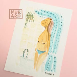Retrato en acuarela único / Ilustración de mujer desnuda / Obra de arte original sobre autocuidado y positividad corporal / Decoración de pared para baño única