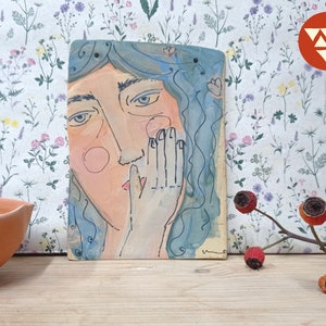 Wall Hanging Ceramic Painting | Blue Hair Woman Whimsical Clay Tile | Handmade Self Love Home Decor | Quirky Small Dreamy Girl Face Picture