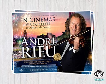 Può includere: Un poster che pubblicizza un concerto di André Rieu, con una foto di lui che suona il violino. Il concerto è intitolato "2017 Maastricht Concert" e viene proiettato nei cinema via satellite. Il poster include anche il testo "In Cinemas Via Satellite" e "Screenings Tuesday 15th August at 1.00pm & 7.00pm".