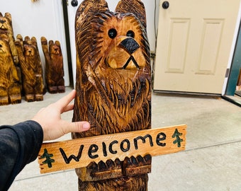 M’s BEARS モールベア　7cm 3ft Tall Cedar Carved Bear on Stump With Welcome Sign *FREE