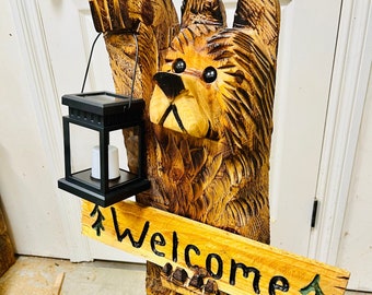 3ft cedar carved bear on stump with solar lantern and welcome sign *FREE SHIPPING*