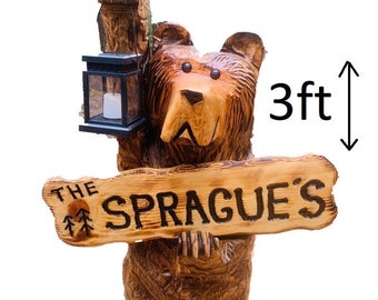 3 foot tall cedar bear chainsaw carving with welcome or personalized sign free shipping