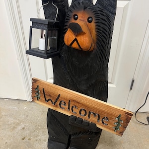 3ft Cedar black Bear chainsaw carving with solar lantern and welcome sign  *made in USA FREE SHIPPING