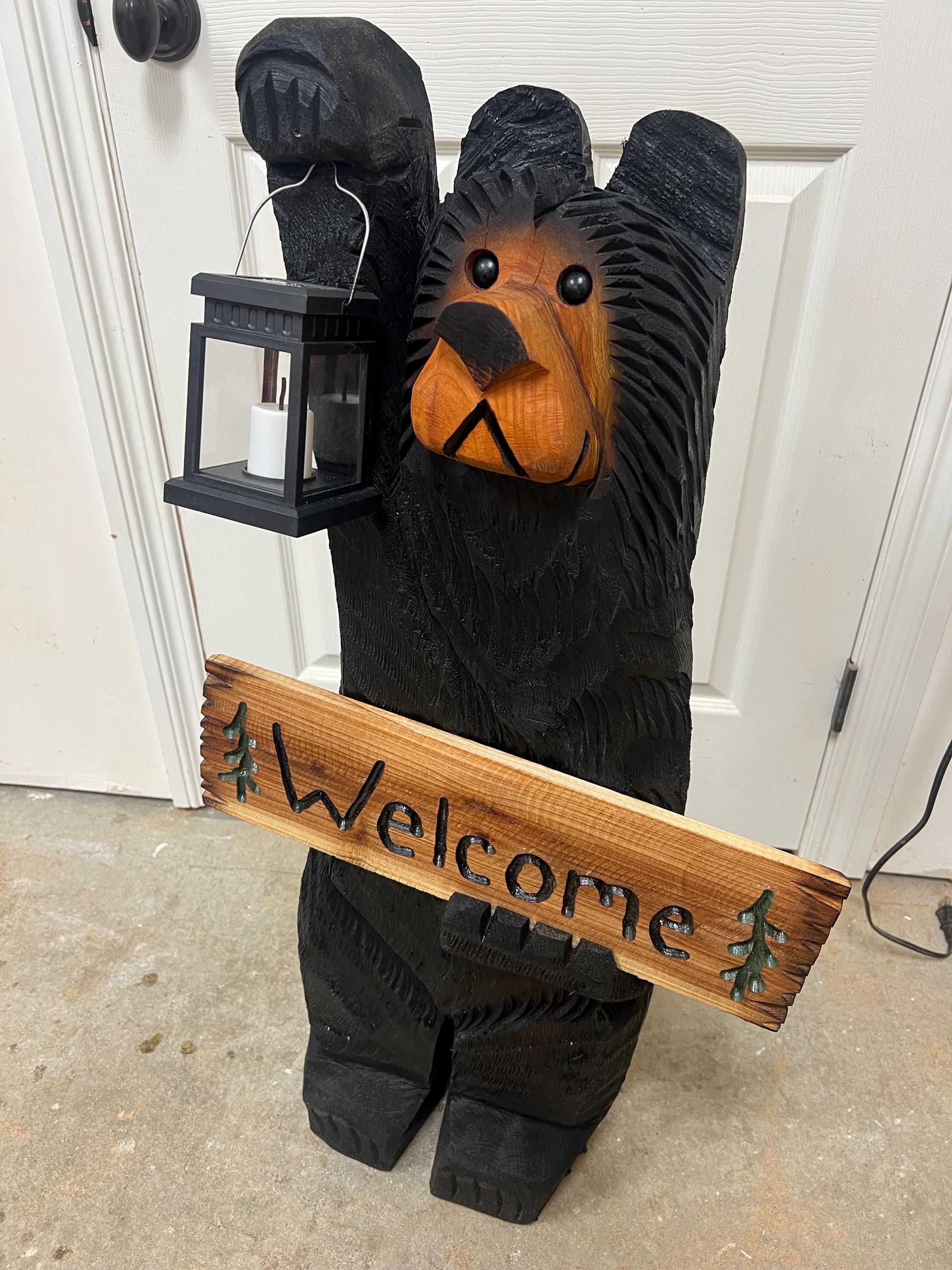 3ft Cedar Black Bear Chainsaw Carving With Solar Lantern and