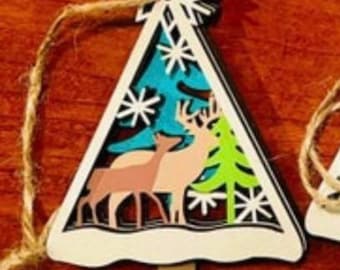 4” 3D wooden handmade deer in forest ornament