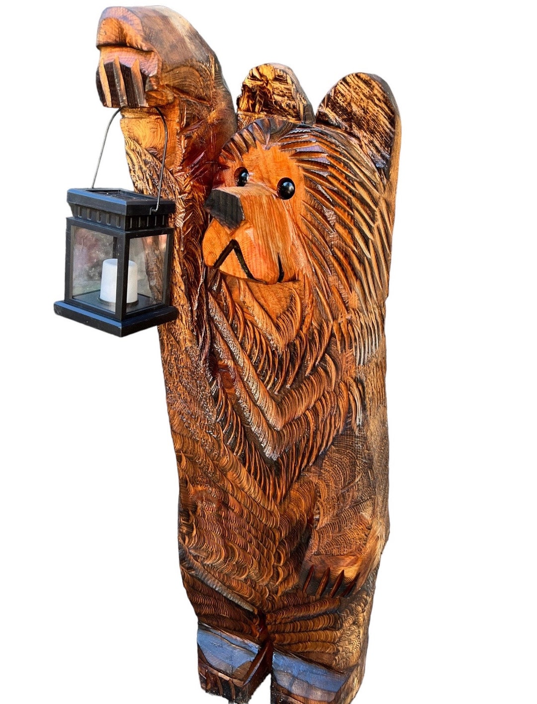 3ft Cedar Bear Chainsaw Carving With Solar Lantern *made in USA