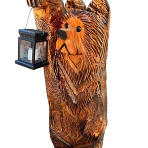 3ft Cedar Bear chainsaw carving with solar lantern  *made in USA* FREE SHIPPING