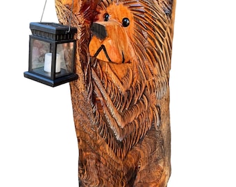 3ft Cedar Bear chainsaw carving with solar lantern  *made in USA* FREE SHIPPING