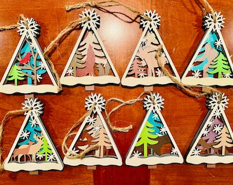 4” 3D wooden handmade snowy wildlife Christmas ornament set of 8 free shipping USA made
