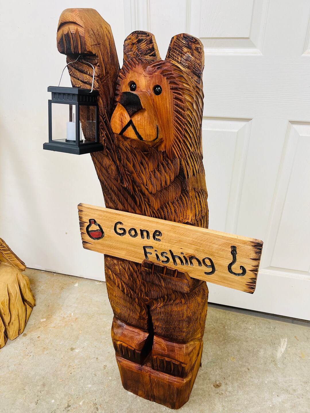 4ft Cedar Bear Chainsaw Carving With Gone Fishing Sign - Etsy
