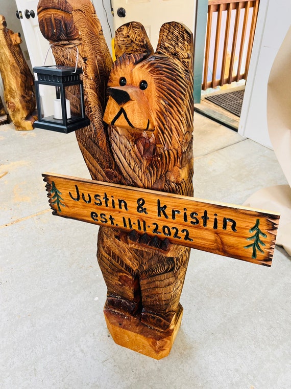 4ft cedar bear chainsaw carving with solar lantern and personalized cedar sign !Free shipping! Carved in the mountains