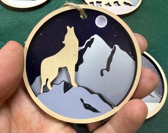 3” 3D wooden handmade starry night wildlife Christmas ornament set of 4