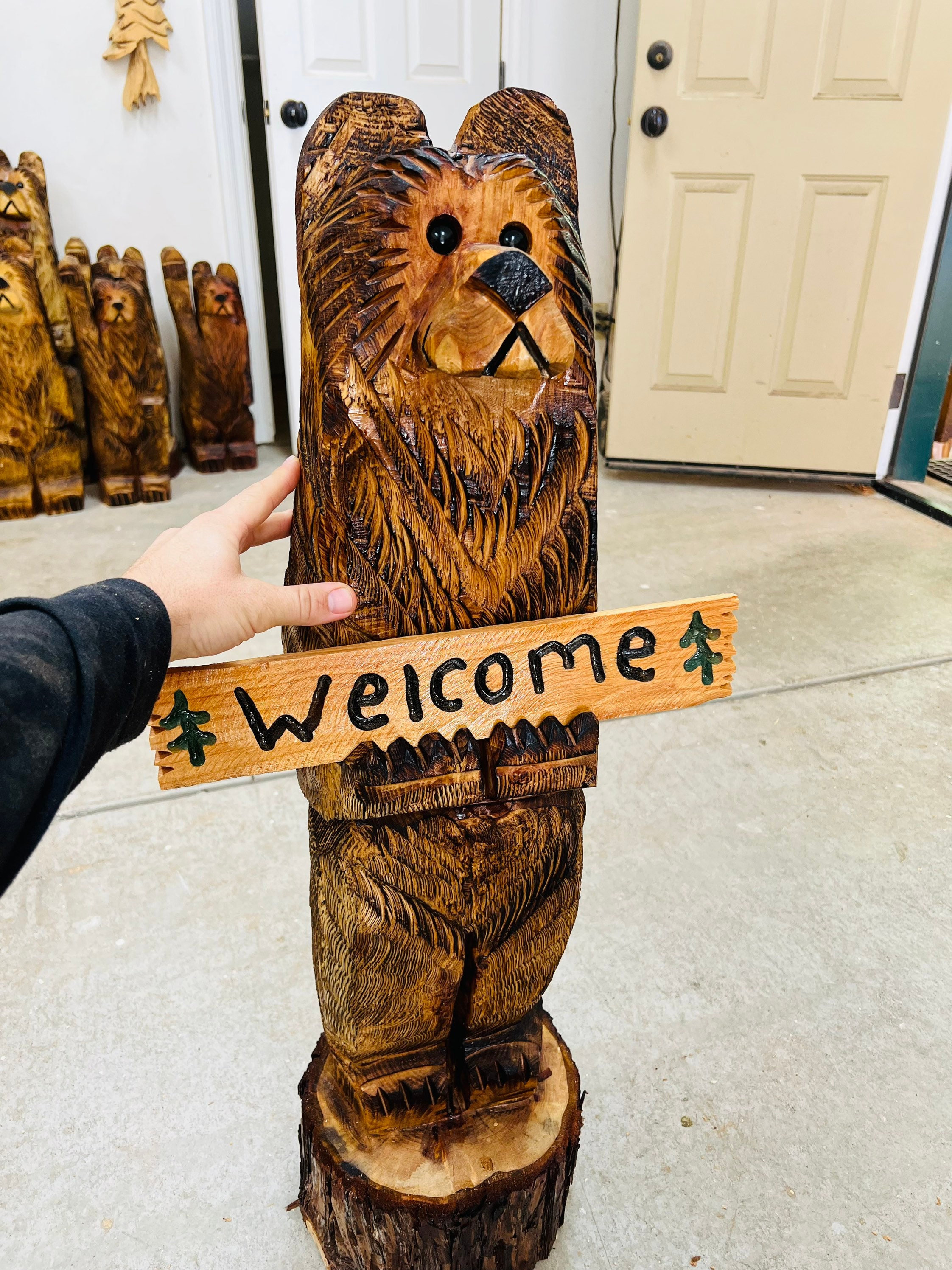 3ft Tall Cedar Carved Bear on Stump With Welcome Sign *FREE
