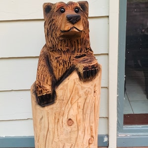 2ft solid cedar carved bear in stump carving free shipping