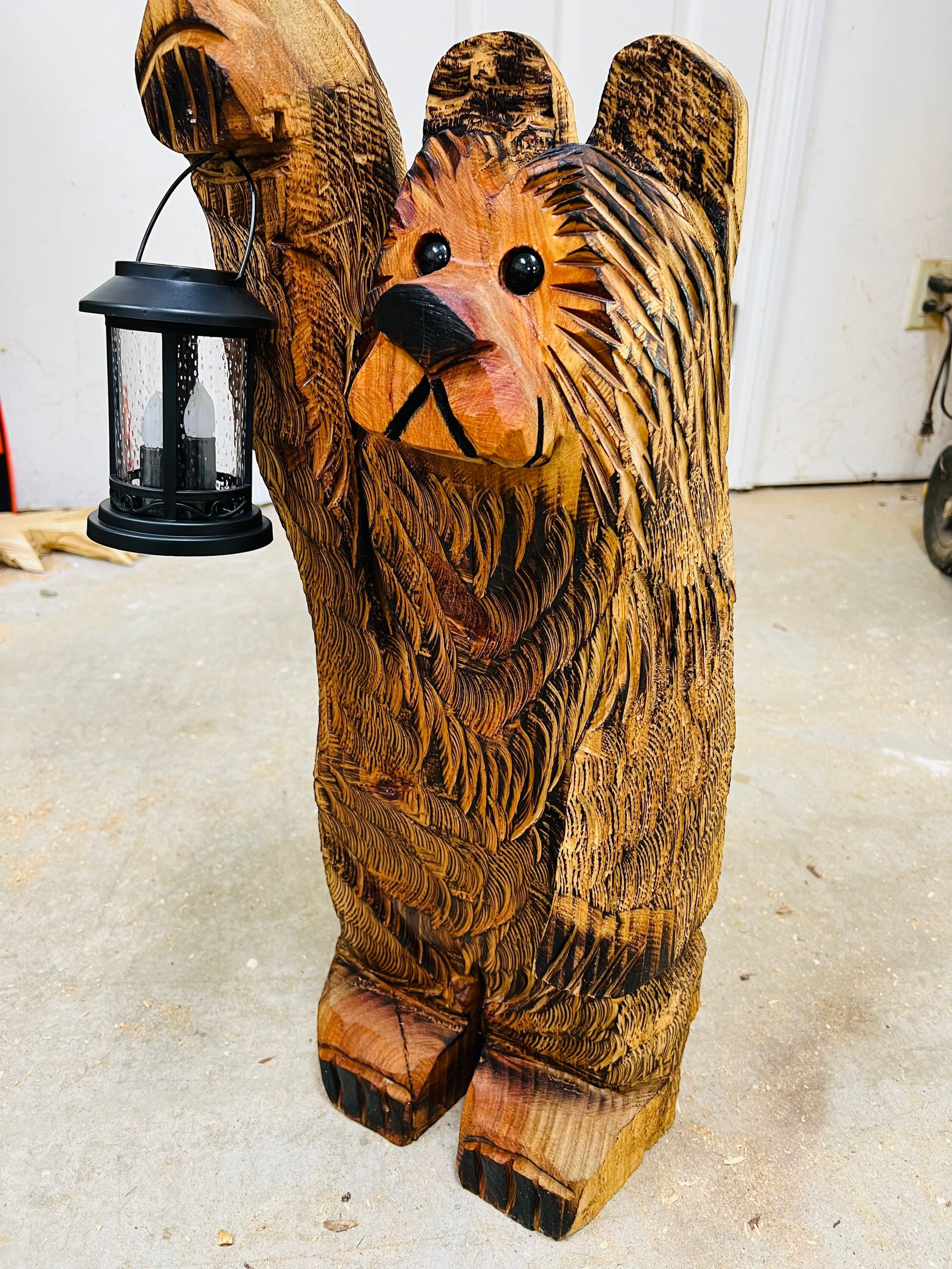 2ft Cedar Carved Bear Chainsaw Carving With Solar Lantern FREE