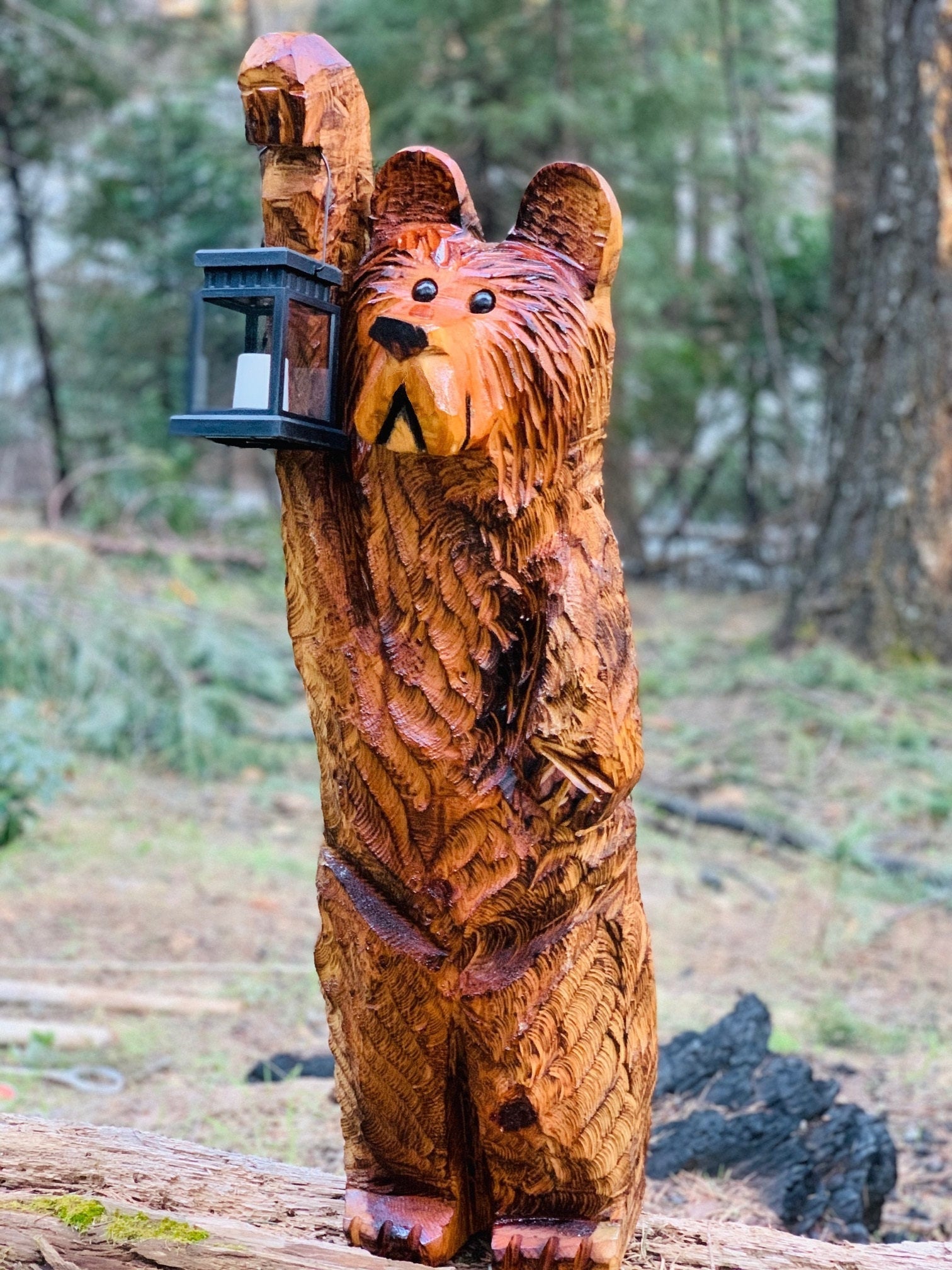 3ft Cedar Carved Bear Chainsaw Carving With Solar Lantern Etsy Canada