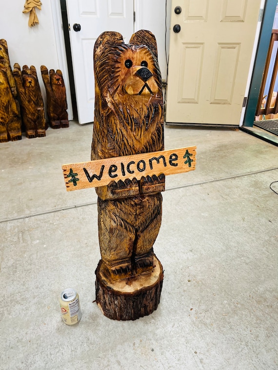 3ft Tall Cedar Carved Bear on Stump With Welcome Sign *FREE