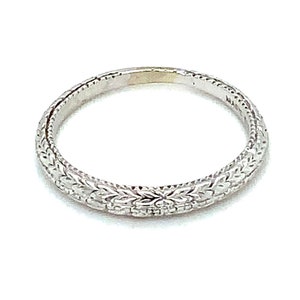 Circa 1970, Petite Antique Style Tapered Band with Antique Pattern, 2.34mm Wide, 14k White Gold, Size 5.25