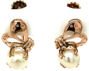 Circa 1930, Art Deco Non-Pierced Cultured Pearl Earrings with French Screw Backs, 14k Yellow Gold