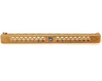 Circa 1930, Filigree Bar Pin with Sapphire, 10k Yellow Gold