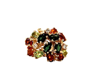 Vintage 14k geelgouden edelsteenclusterring: toermalijn, citrien, peridot, diamant, maat 6