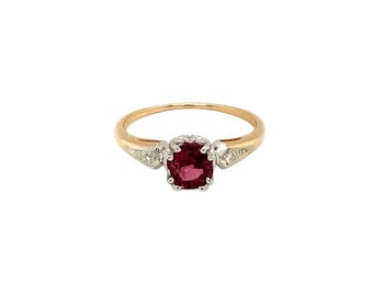 Vintage 14k Gold Ruby Diamond Ring: Three-Stone, Circa 1940, Size 8