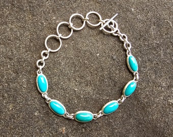 6-stone Kingman Turquoise Link Bracelet. Adjustable 6.5
