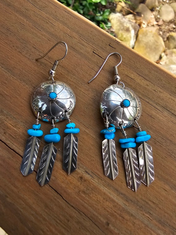 Fascinating Native American Navajo Turquoise Sterling Silver Dream Catcher Feather Earrings Fascinating Native American Navajo Turquoise Sterling Silver Dream Catcher Feather Earrings