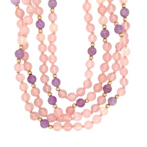 Pink Quartz, Amethyst, & 14k Yellow Gold Beaded 4-Strand Necklace. 20&quot; Length