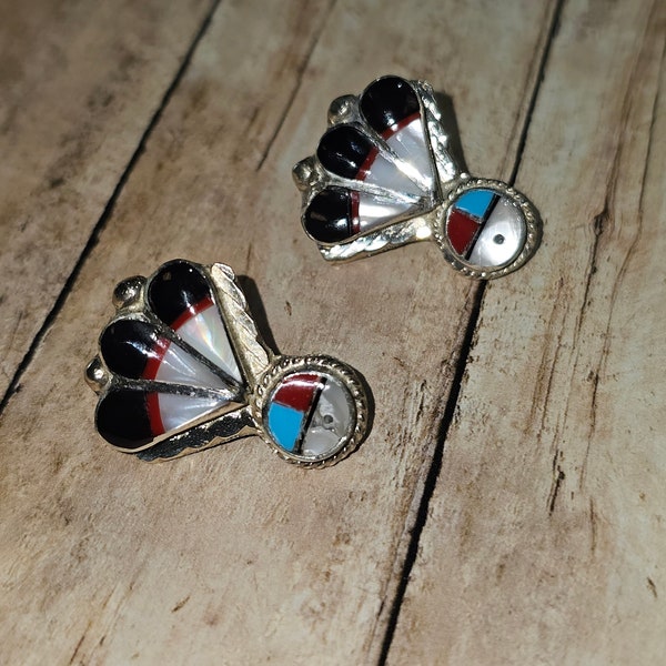 Circa 2000, handmade “Zuni Sun” sterling silver Turquoise, coral, black onyx, and Mother of Pearl earrings studs.