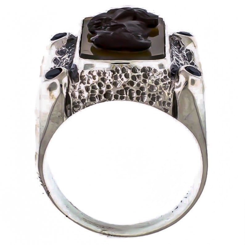 Agate Cameo and Black Diamond Sterling Silver Statement Ring Size 10