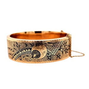 14k Yellow Gold, Flat Hinged 20mm wide Bangle Bracelet w/ Black Enameling.