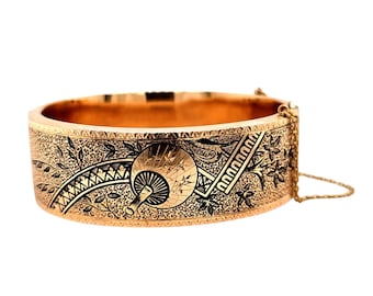 14k Yellow Gold, Flat Hinged 20mm wide Bangle Bracelet w/ Black Enameling.