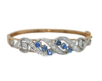 Vintage 14k Yellow Gold & White Gold, Sapphire Hinged Bangle Bracelet.