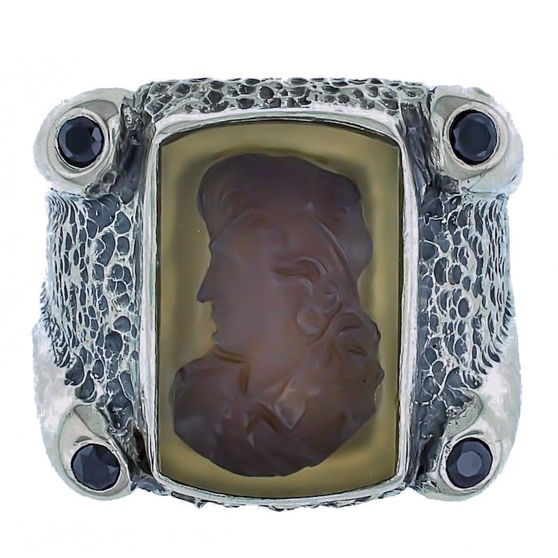 Agate Cameo and Black Diamond Sterling Silver Statement Ring Size 10