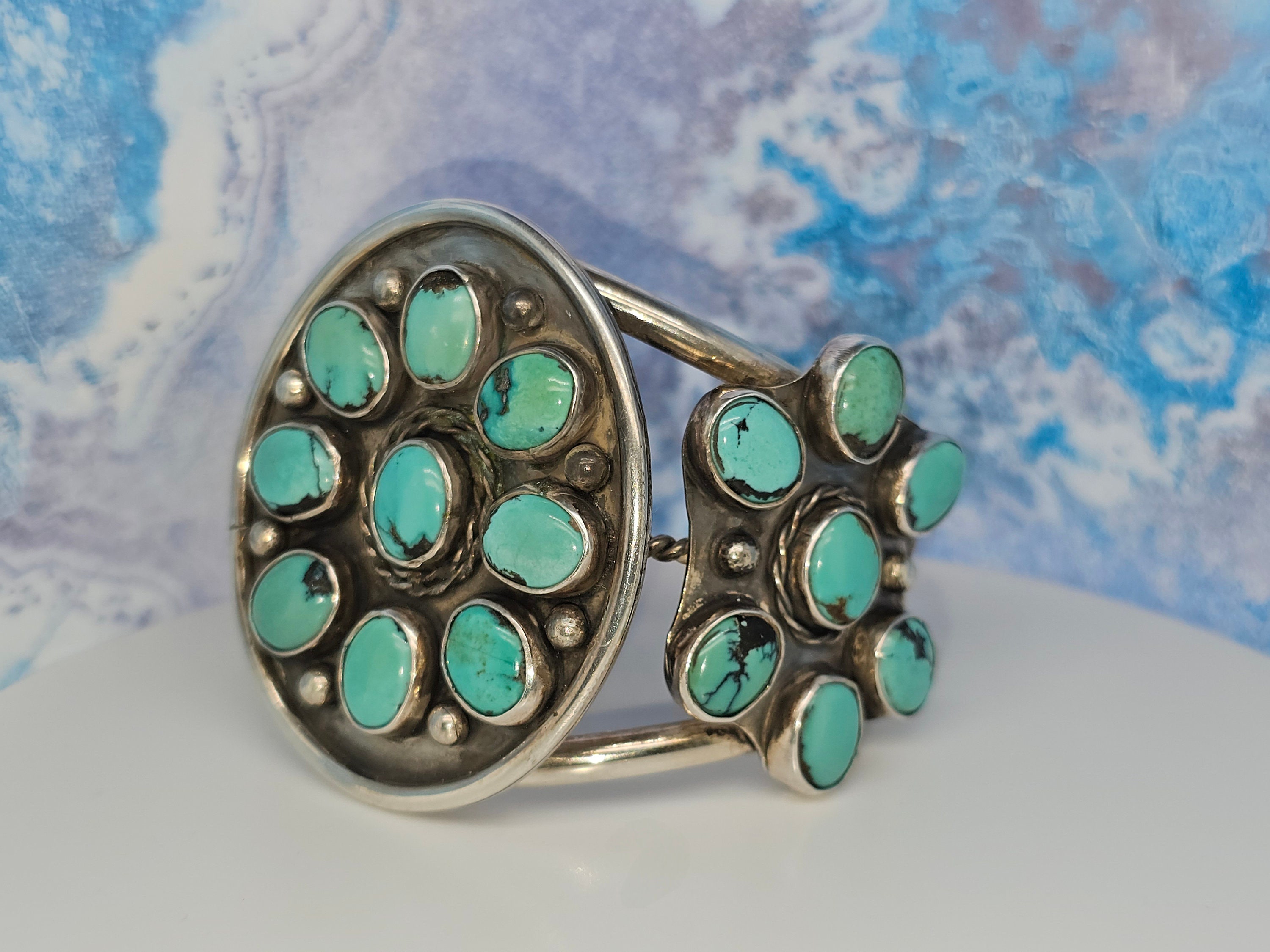 Bracciale Rigido Vintage In Argento Sterling Con Turchesi Stabilizzati - Fiori Boho Regolabile 6,5-7,5 Pollici