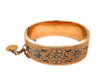 14k Yellow Gold, Flat Hinged Bangle Bracelet w/ Black Enameling. 20mm wide